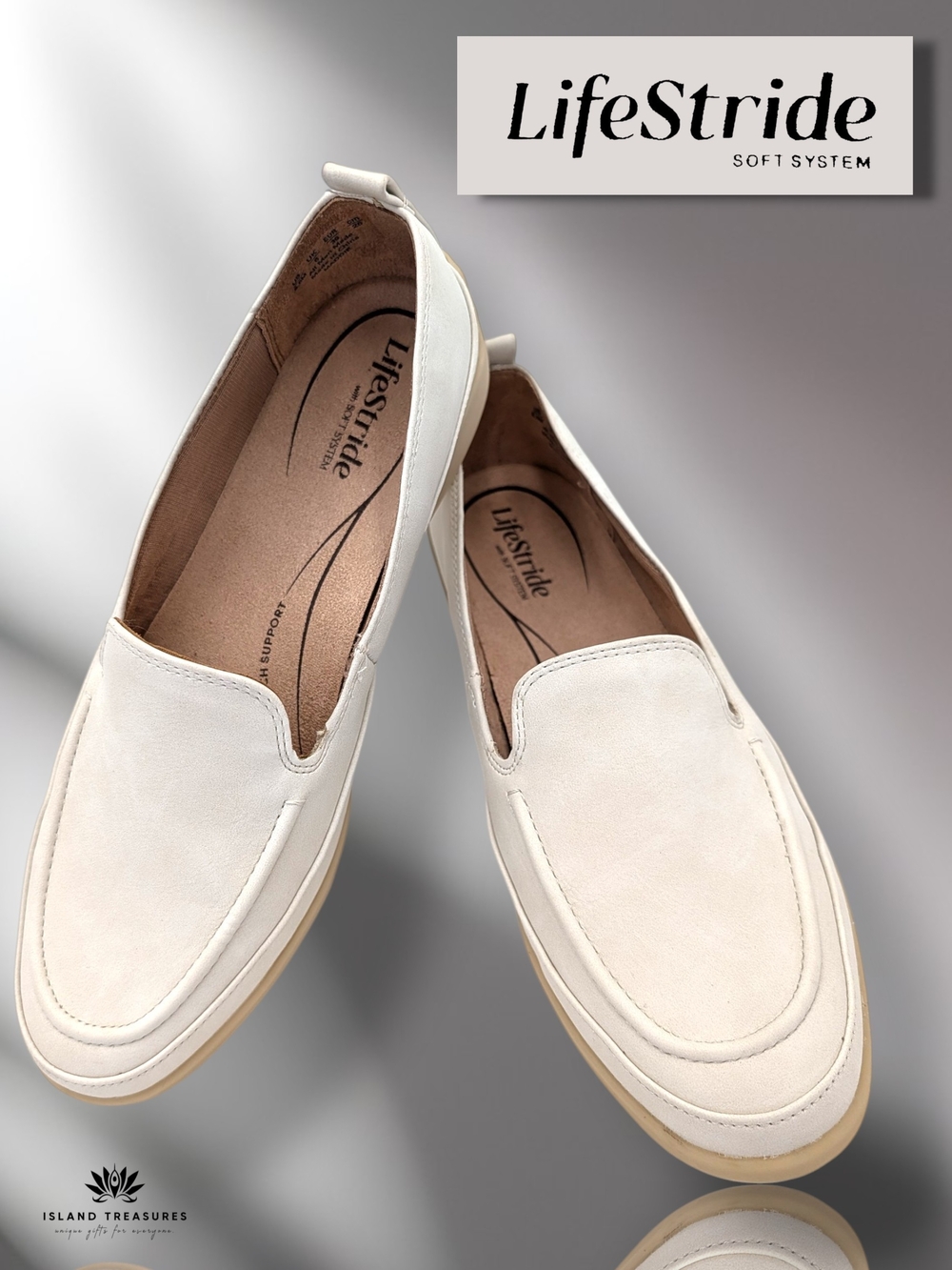 LifeStride Maddie Sz 8.5 Cream Vegan Leather Loafers Slip-On Flats Arch Support